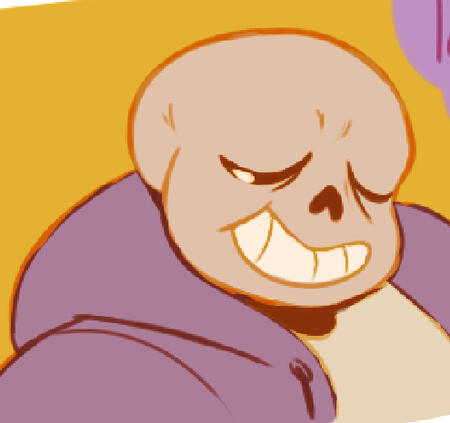 a cropped drawing of sans from undertale, winking & looking behind him on a yellow background.