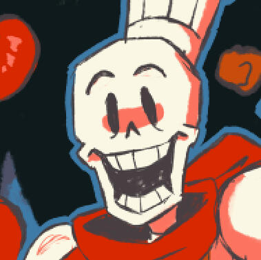 a cropped drawing of papyrus from undertale wearing a chef hat, surrounded in a dark blue outline.