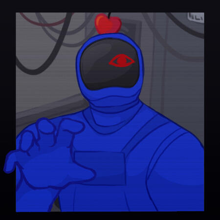 a picrew of a blue among us astronaut with one red eye showing through its visor and a cherry on its head, reaching toward the camera.